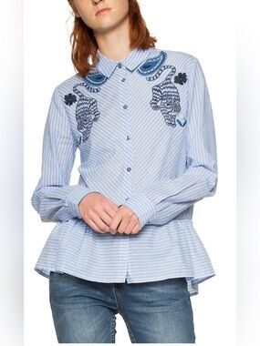Desigual Striped Light Blue Embroidered Peplum Button-Up Top 100% cotton